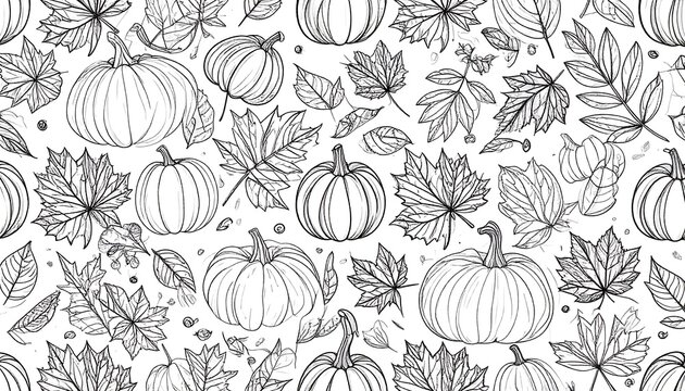 A seamless pattern of pumpkins and autumn leaves.  Intricate line art
