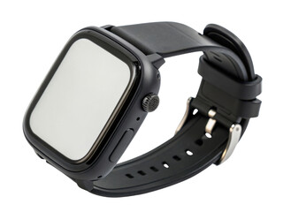 Fototapeta premium Sleek black smartwatch with square face and silicone strap, designed for modern technology enthusiasts
