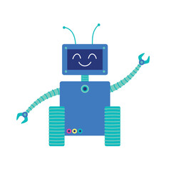 A cute blue robot smiles and waves its hand in greeting. Flat style vector illustration isolated on white background