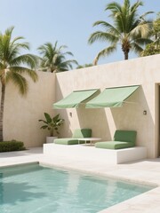 Obraz premium Modern poolside area with green lounge chairs and palm trees under a clear sky