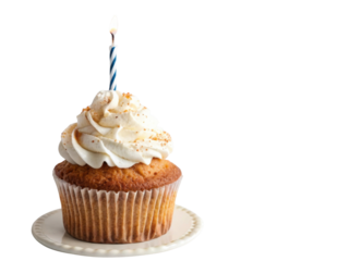 Delicious cupcake topped with creamy frosting and blue candle, perfect for celebrations and birthdays, evoking joy and sweetness