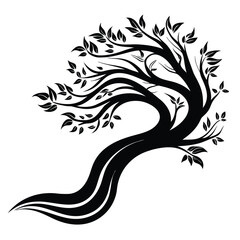 Obraz premium Black silhouette tree with leaves features curved trunk and branches on white
