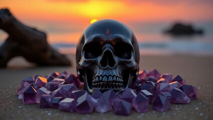 Black skull surrounded by purple crystals on a sandy beach at sunset