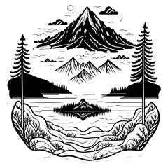 Serene mountain lake landscape illustration in symmetrical style showcasing natural beauty and