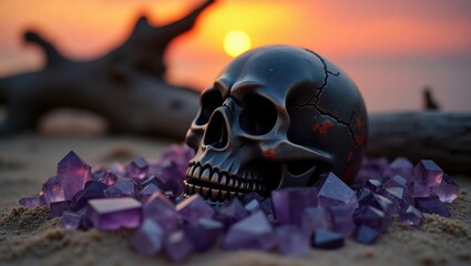 Dark skull surrounded by amethyst crystals on a beach at sunset