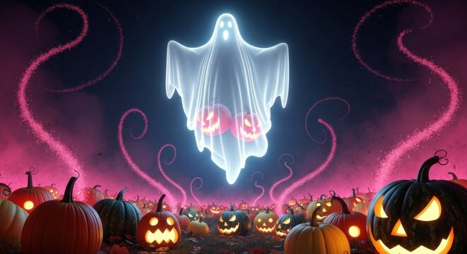 Spooky halloween night with ghost and pumpkins in a magical landscape