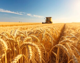 Obraz premium Fields of Gold: A Realistic Glimpse of Wheat Harvest Under a Clear Blue Sky