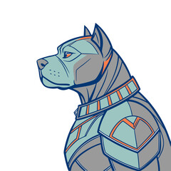 Illustration of a muscular pitbull dog wearing armor isolated on transparent background, showcasing strength, loyalty, and a touch of futuristic design