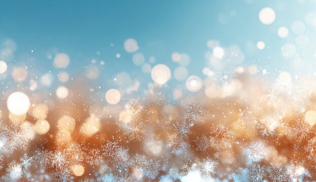 Winter bokeh background with snowflakes.  Soft light, warm hues blend into cool tones.  Abstract, festive - Powered by Adobe