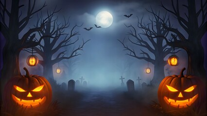Spooky Halloween night with glowing pumpkins, full moon, bats, haunted trees, lanterns and graveyard scene."