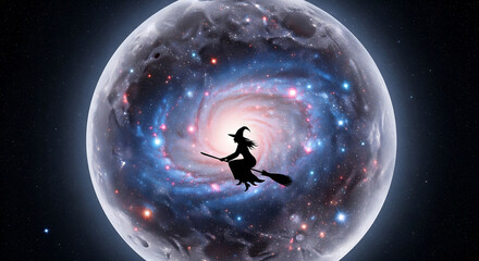 Naklejka premium Witch flying with galaxy moon, and space.