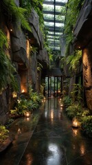 Obraz premium Luxurious indoor garden pathway lush greenery rock walls glowing lights