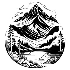 Serene mountain landscape illustration with a reflective lake surrounded by evergreen trees in a
