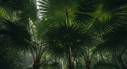 Looking up into a dense rainforest canopy of lush green palm trees.