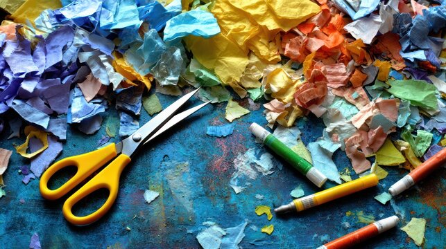 Scattered colorful paper pieces, scissors, and paint tubes on a mottled surface