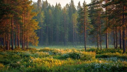 Fototapeta premium Misty forest clearing at dawn