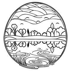 Serene nature reflection, artistic illustration depicting landscape view of lake, trees and hills