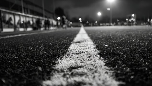 A black and white close-up view of a soccer field at night.  The white boundary line is prominent