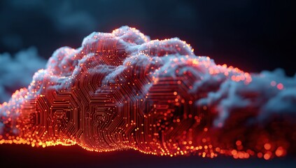 Abstract cloud, circuit-board design, glowing particles