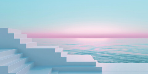 Fototapeta premium Minimal White Stairs by Ocean Horizon, Pastel Sky and Calm Seascape 