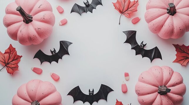 Pink pumpkins and black bats on a white background with red candies and leaves.