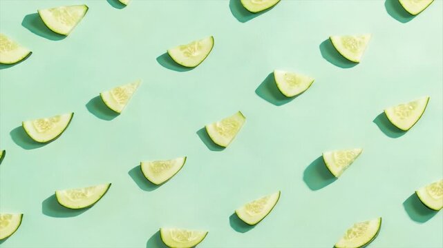 Fresh cucumber slices arranged in a repeating pattern on a mint green background