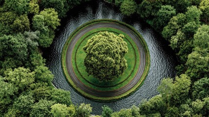 Circular road surrounds central tree in verdant park