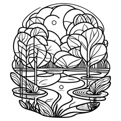 Serene waterscape illustration with intricate line work displaying nature's beauty and tranquility