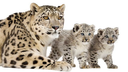Highly Detailed 8 K Close Up Portrait of an Adult Snow Leopard and Two Cubs Against a Black Background Showing Their Detailed Fur Patterns Cream Gray and Black Spots