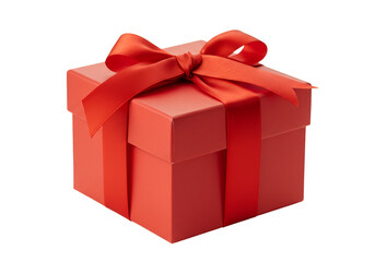 Fototapeta premium Red gift box with shiny ribbon and bow, isolated on transparent background, perfect for Christmas, birthday, holiday, celebration, and festive design projects.