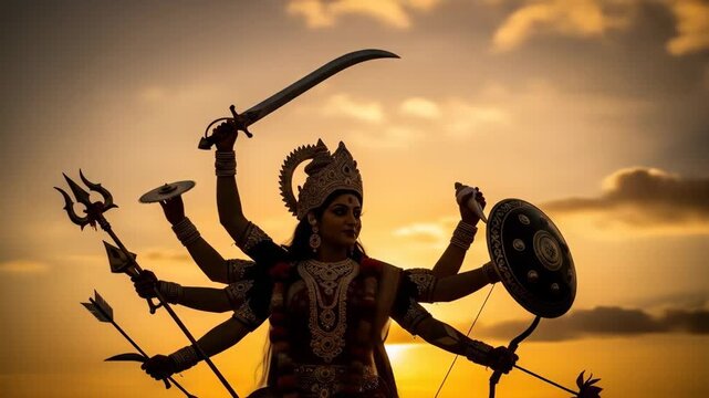 Maa durgas powerful divine silhouette during navratri puja depicting the multi armed hindu goddess of strength and protection at sunset