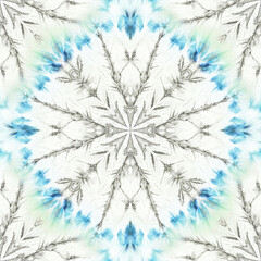 A cool and serene kaleidoscope pattern with delicate, symmetrical designs creates an abstract background that resembles an intricate winter snowflake on ice.
