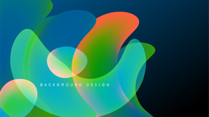 Abstract fluid shapes overlap, creating vibrant color gradients. Dark background emphasizes bright hues, modern design element.