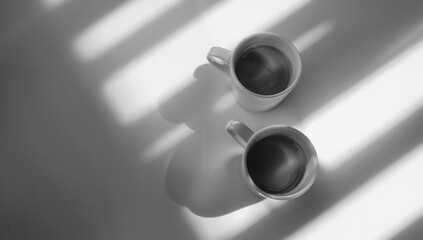 Fototapeta premium Two Classic Coffee Mugs on a Sunlit Surface with Shadows