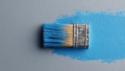 Paintbrush with blue paint stroke on light gray surface