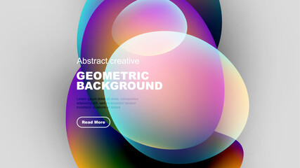 Abstract colorful shapes overlap, creating dynamic background. Text promotes geometric design, includes call to action.