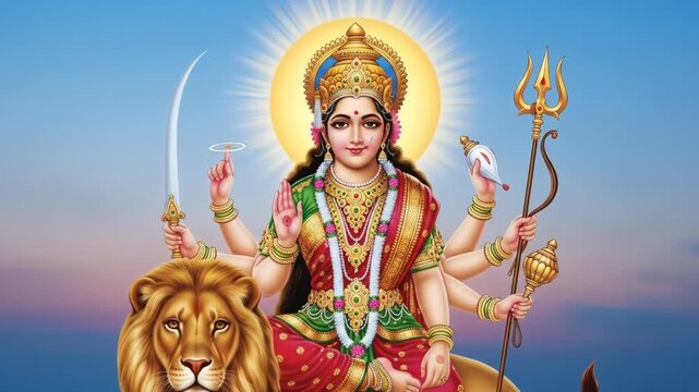 Majestic maa durga the hindu goddess depicted riding her powerful lion radiating divine energy during navratri puja celebrations