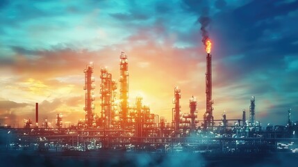 Fototapeta premium A large oil refinery with smokestacks emitting smoke against a colorful sky.