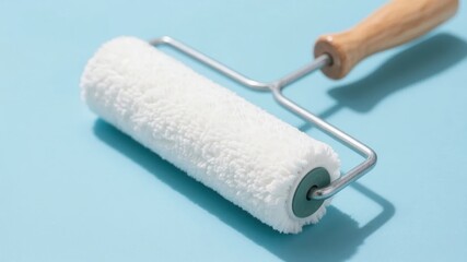 Obraz premium White Paint Roller with Wooden Handle on Blue Background