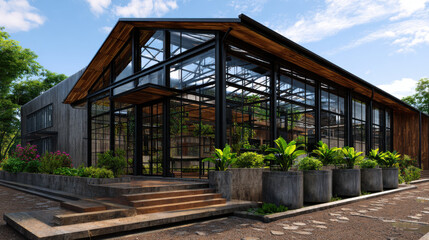 Smart eco factory features modern design with large glass windows and lush greenery, creating harmonious blend of nature and technology