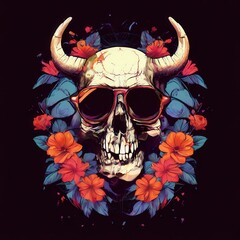 an AI Image Generator, Colorful Skull with Horns Surrounded by Flowers and Sunglasses