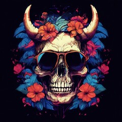 an AI Image Generator, Colorful Skull with Horns Surrounded by Flowers and Sunglasses