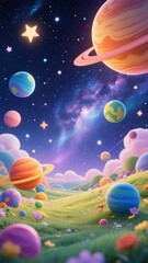 A whimsical landscape featuring colorful planets and stars in a dreamy sky
