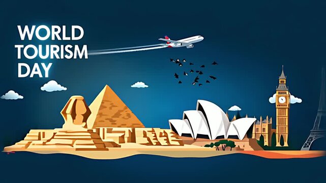 Celebrate World Tourism Day and holiday concepts showing iconic world monuments from different countries with an airplane flying overhead on a dark blue background video travel day