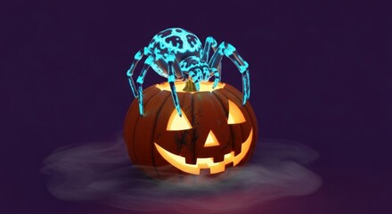 Fototapeta premium Glowing spider sits atop a jacko'lantern in spooky halloween scene