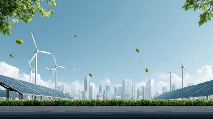 Green city sustainable energy windmills solar panels eco friendly environment