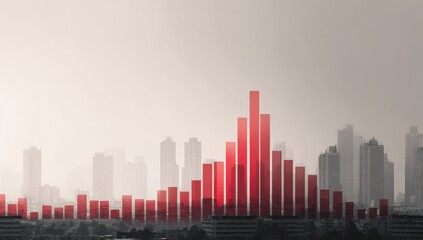 City skyline with red bar graph overlay