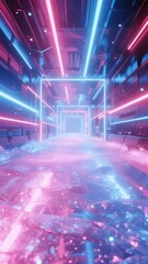 Neon-lit futuristic corridor with glowing lights and reflective floor
