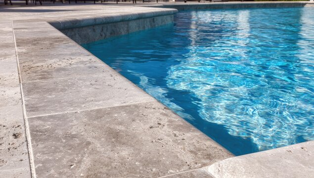 Pool coping stones bordering a vibrant blue pool