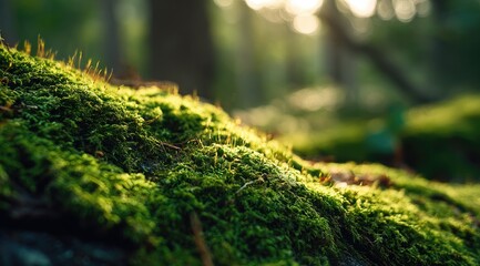 Close-up mossy forest floor bathed in sunlight